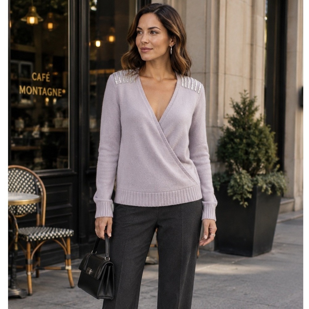 AS by DF Star Child Lavender Wool Blend Wrap Sweater Beaded Shoulder M